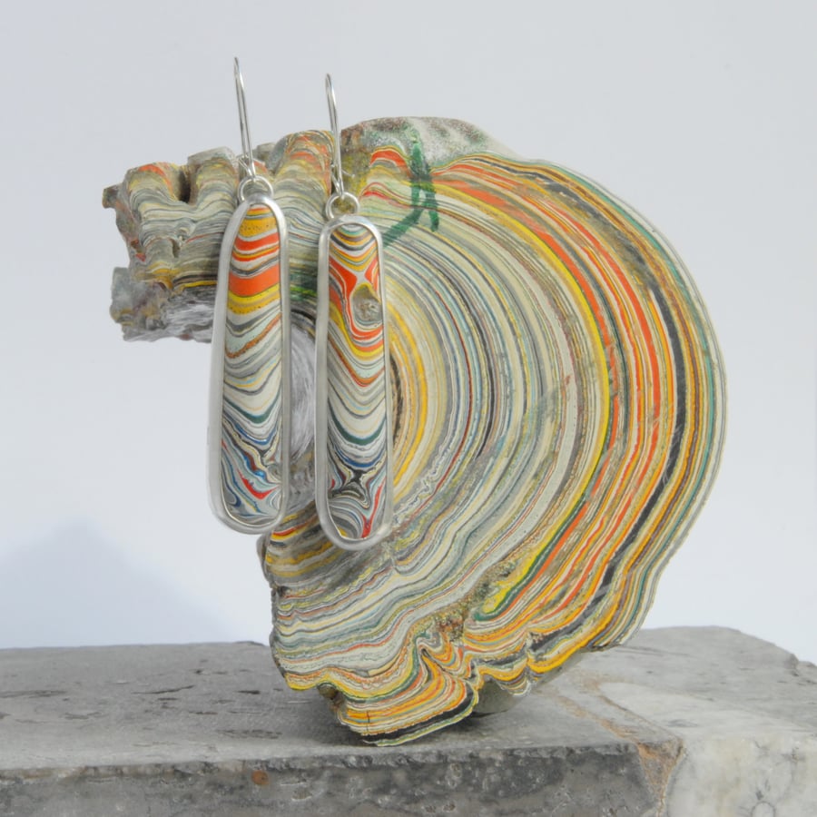 Sterling silver and fordite stick earrings