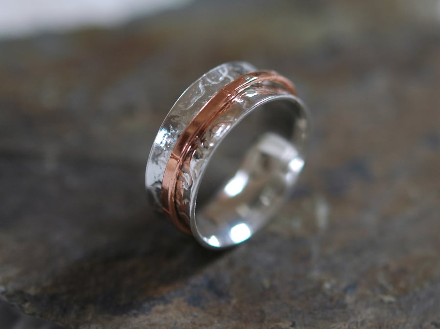 Sterling Silver and Copper Spinning Ring,  Lace Textured, size Q,   R73F