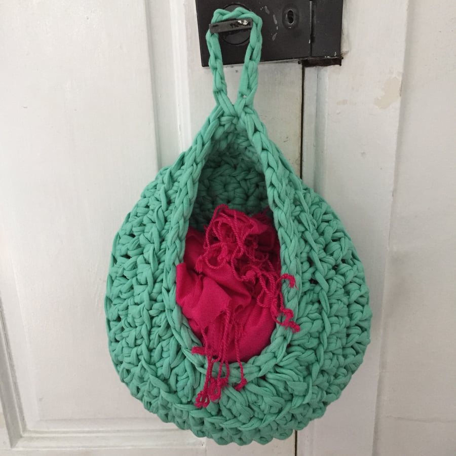 Crochet hanging basket made with upcycled tshirt yarn - aqua green