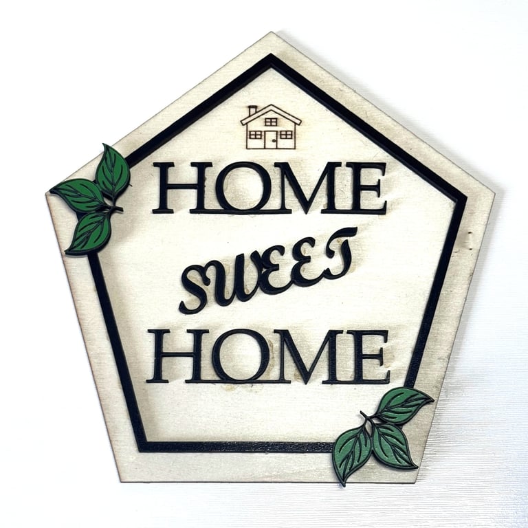 Home Sweet Home Wooden Sign – Rustic Layered Wall or Shelf Plaque with Leaf Deta