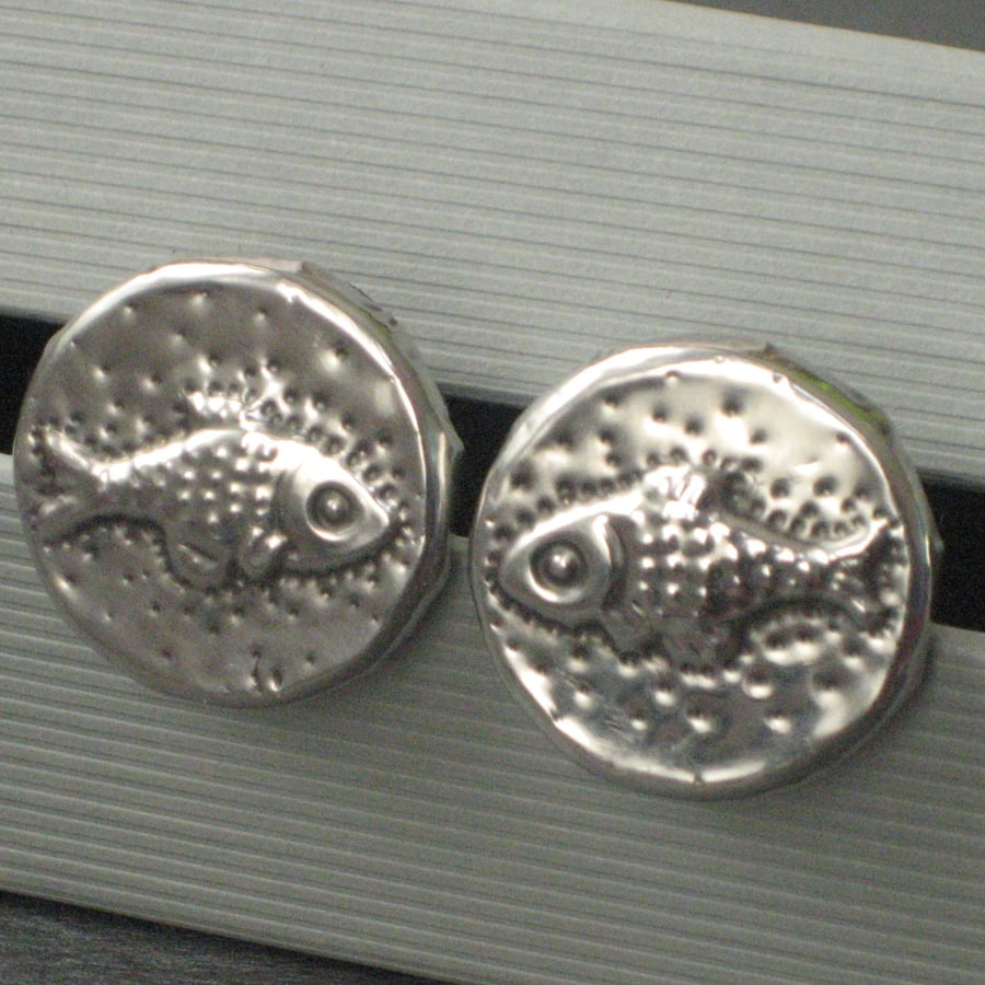 Handmade Silver Pewter Cufflinks, Fish Design