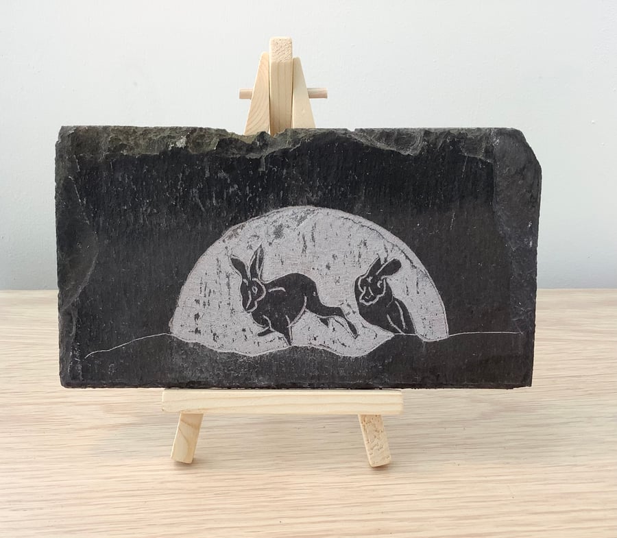 Two hares playing in the moonlight - original art hand carved on recycled slate
