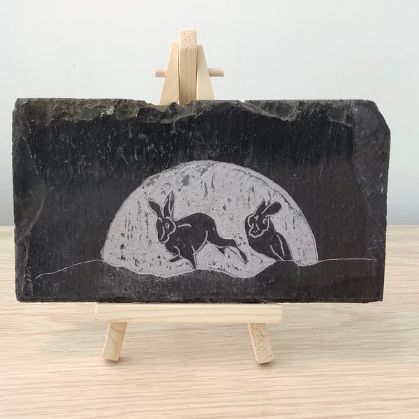 Two hares playing in the moonlight - original art hand carved on recycled slate