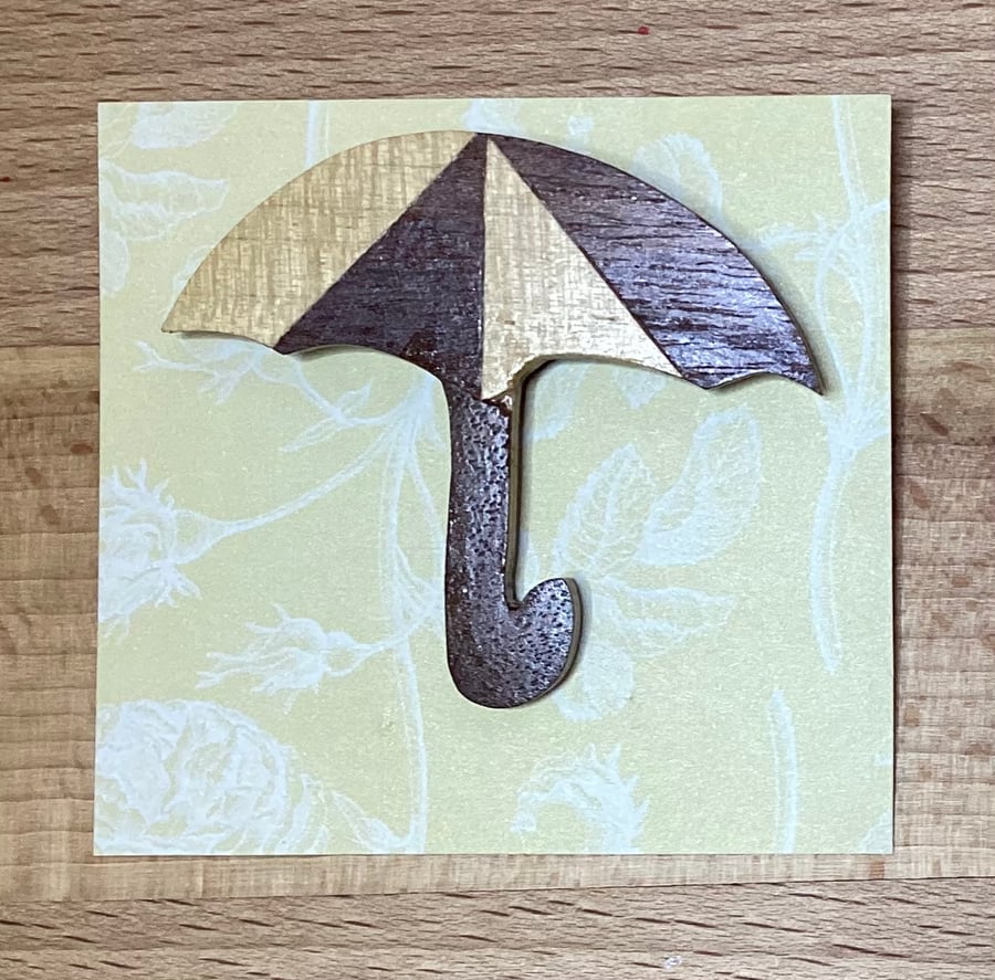 Umbrella  Brooch, Hand Cut Wood Veneers, Marquetry 