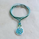 Blue and green short polymer clay pendant and cotton cord necklace