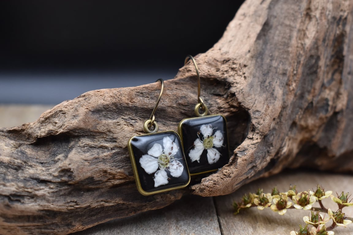 Hypoallergenic Real Hawthorn Flower Resin Earrings, Titanium Ear Hooks