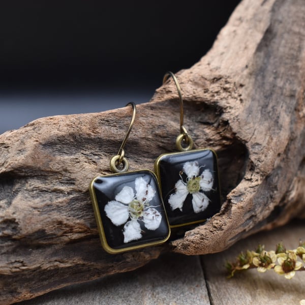 Hypoallergenic Real Hawthorn Flower Resin Earrings, Titanium Ear Hooks