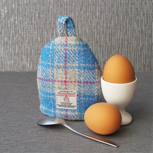 Harris tweed egg cosy blue grey tartan special little gift