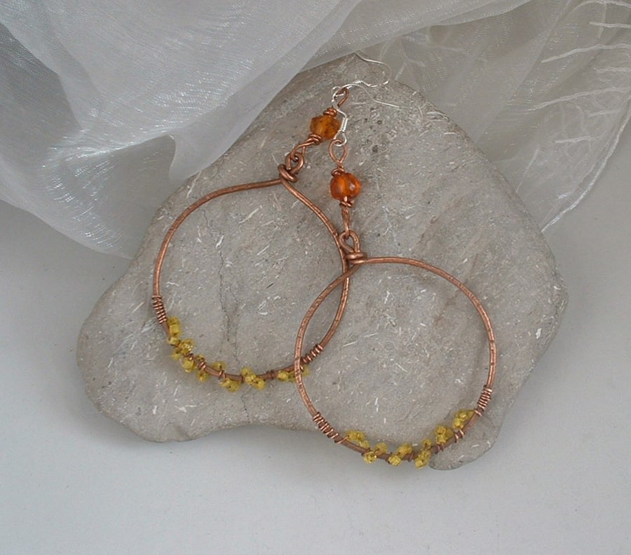 Boho Copper Gypsy Hoops with Yellow Glass Seed Beads and Amber Beads