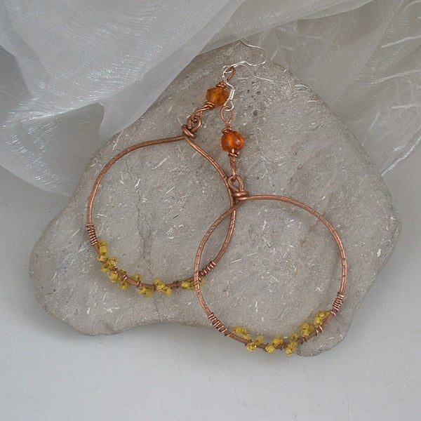 Boho Copper Gypsy Hoops with Yellow Glass Seed Beads and Amber Beads