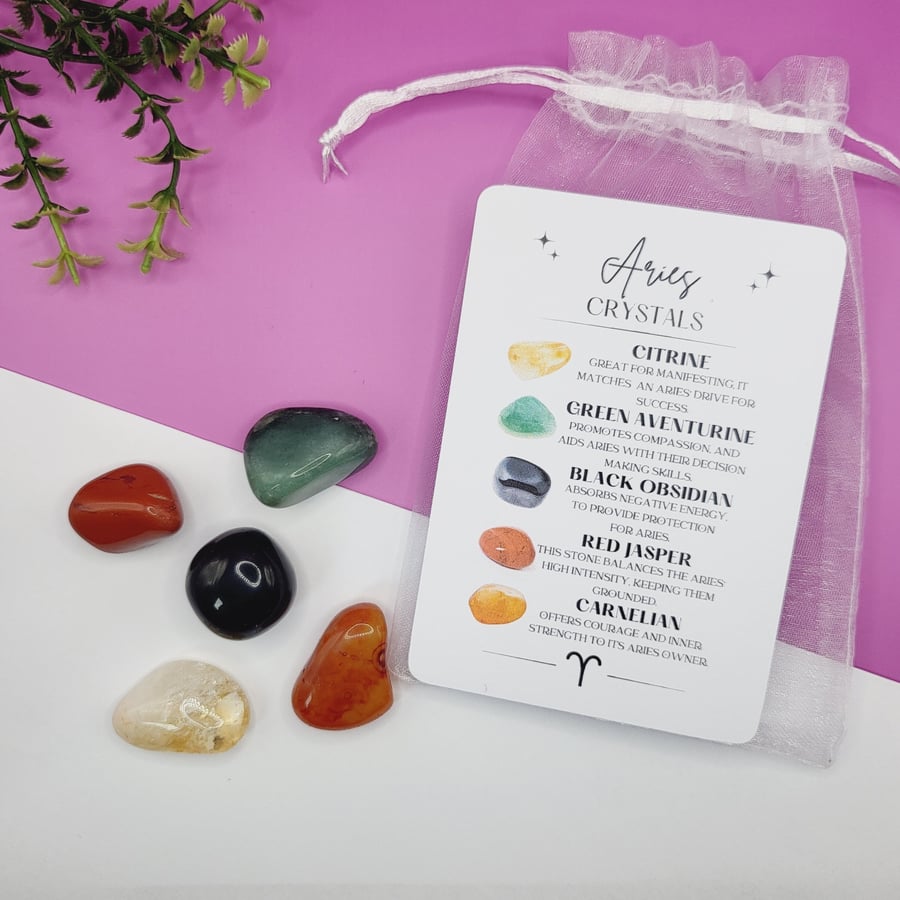 Aries Crystals Gift Set And Card Unique Zodiac Gift Gemstones Aries Star Sign