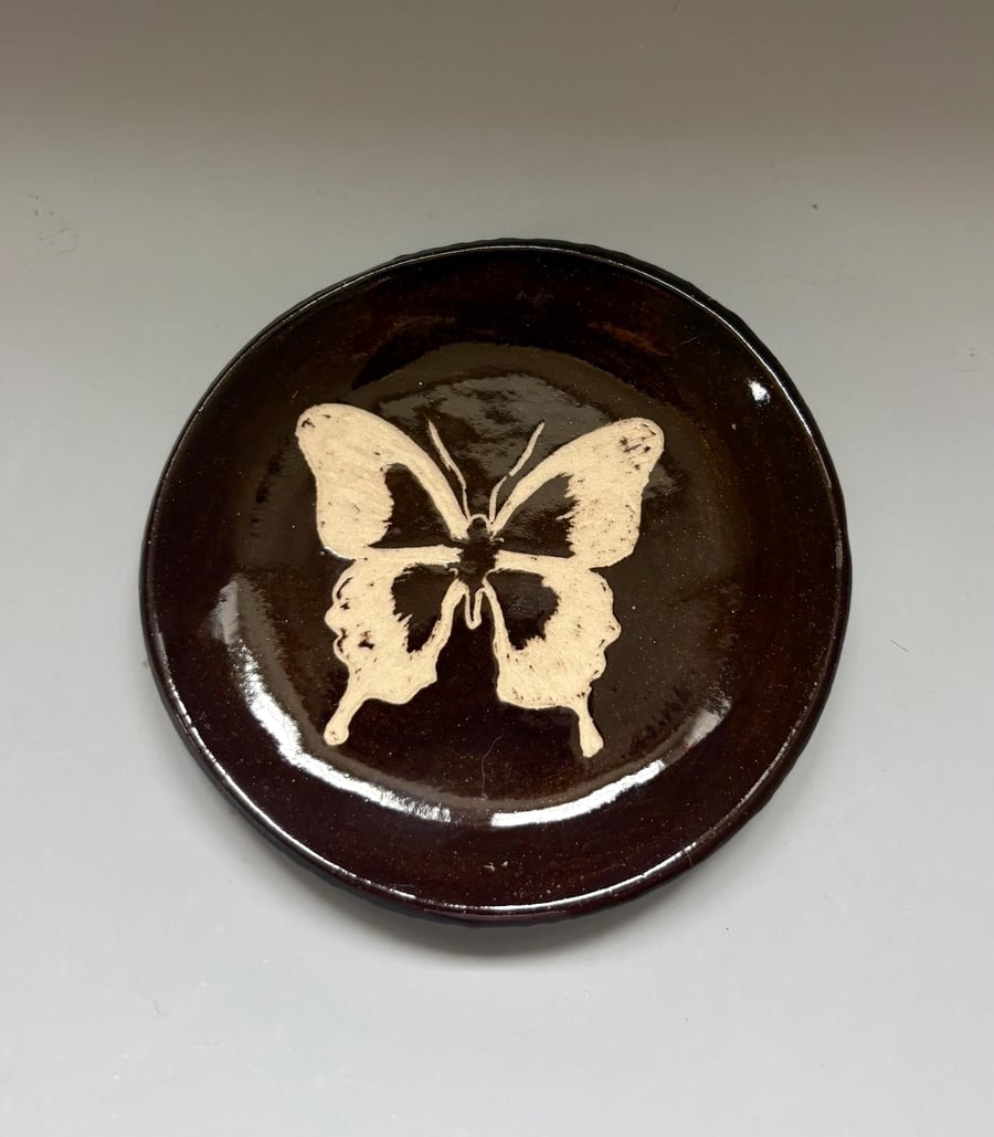 Hand Carved Butterfly Ceramic Trinket Dish, Chocolate Brown