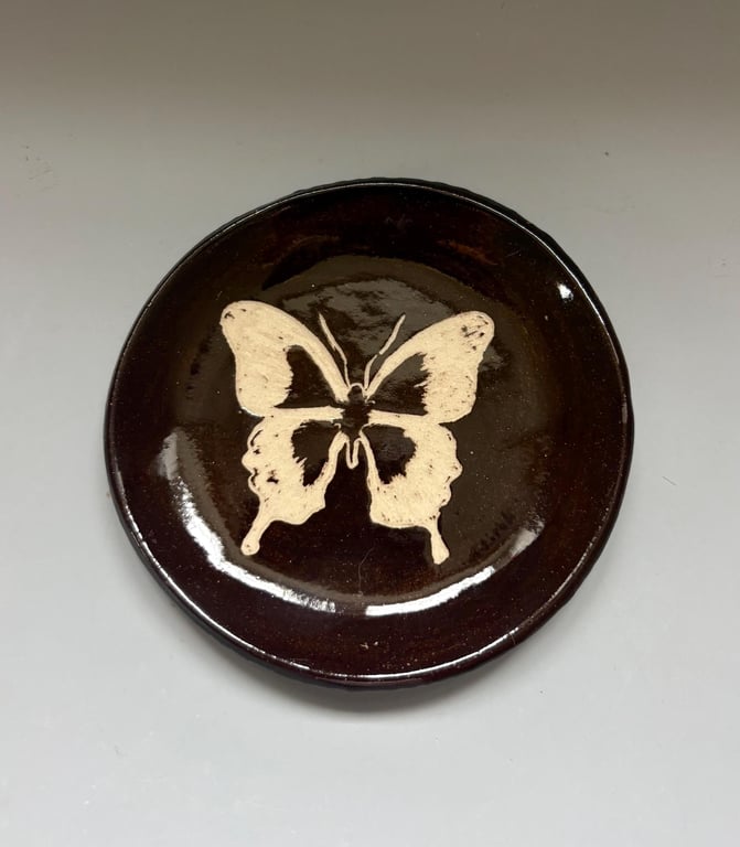 Hand Carved Butterfly Ceramic Trinket Dish, Chocolate Brown