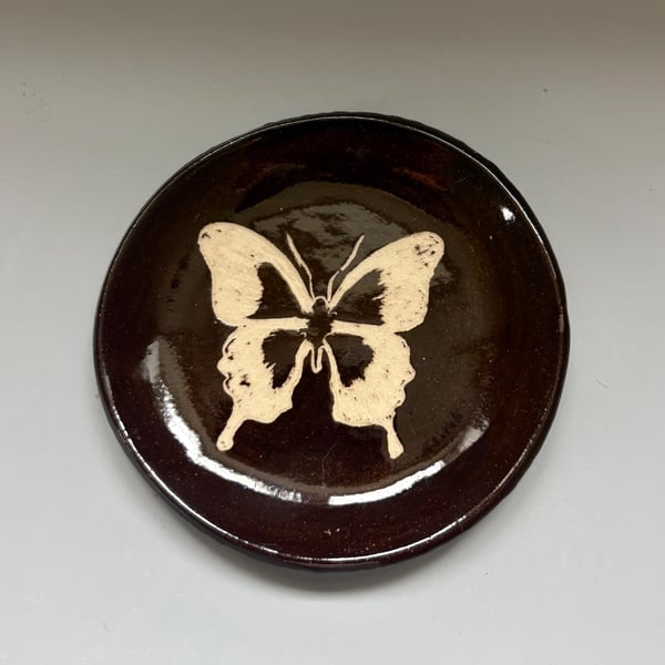 Hand Carved Butterfly Ceramic Trinket Dish, Chocolate Brown