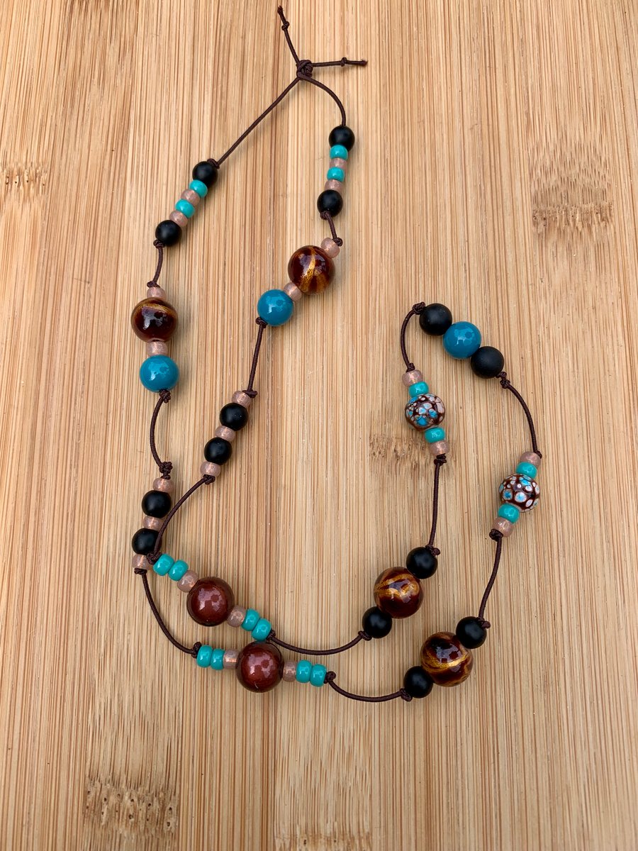 Ethnic Style Handmade Teal & Golden Swirl Bead Necklace