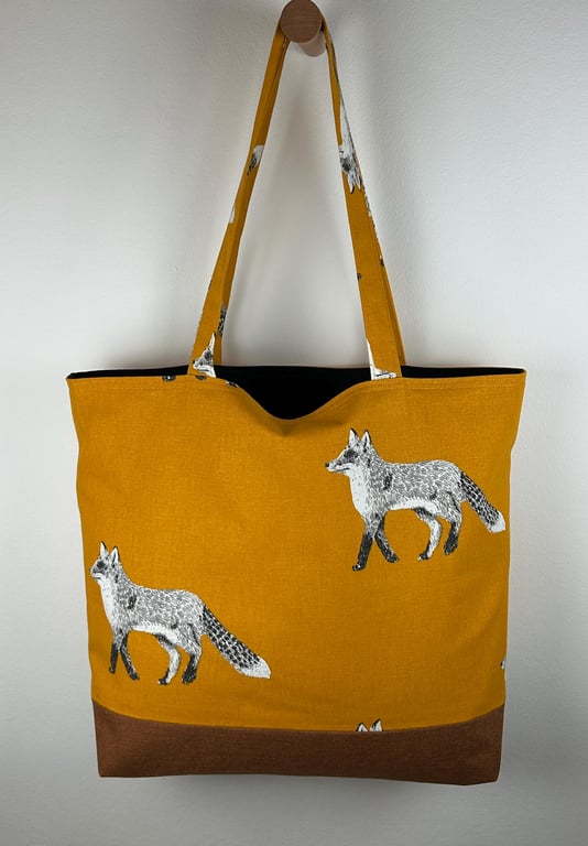 Fox Print Cotton Tote Bag, Burnt Orange Shoulder Bag