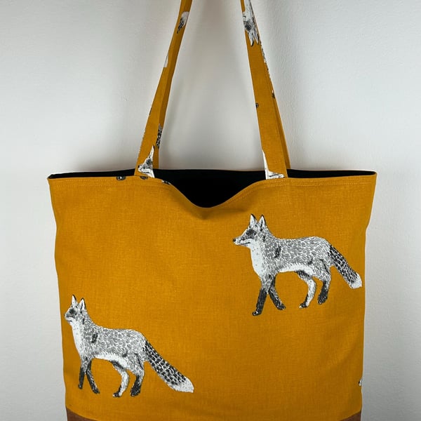 Fox Print Cotton Tote Bag, Burnt Orange Shoulder Bag
