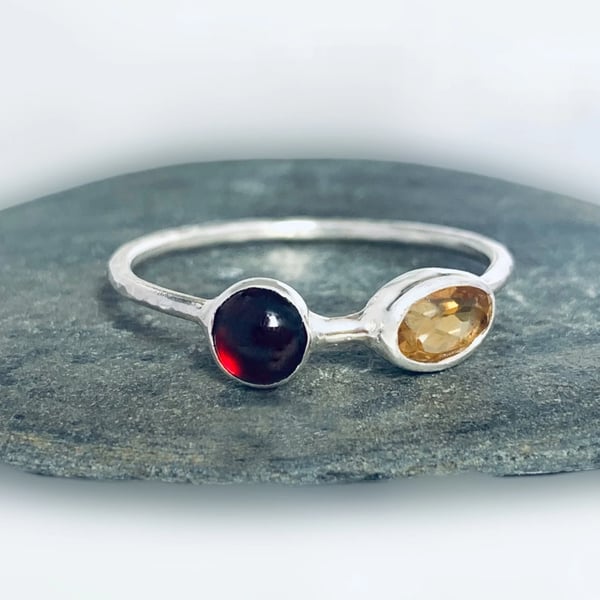 STERLING SILVER Citrine and Garnet Ring, Handmade Urban Design Jewellery
