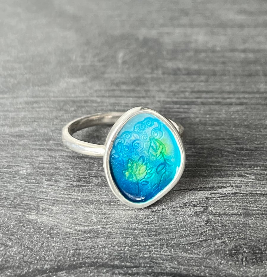 Cloud Ocean Ring, enamel ring, blue enamel ring, pebble ring, cloud ring, nature