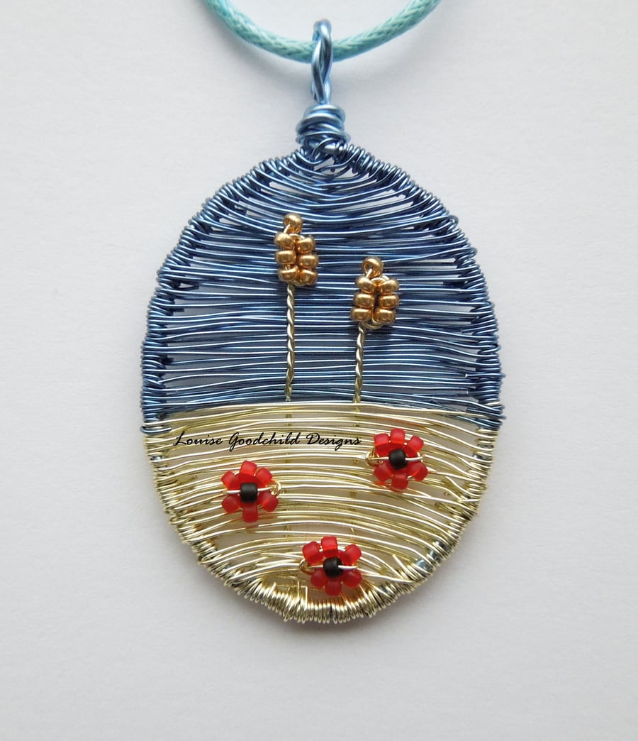Cornfield wheat and poppy wire necklace, unique wearable wire art