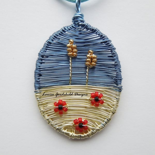 Cornfield wheat and poppy wire necklace, unique wearable wire art