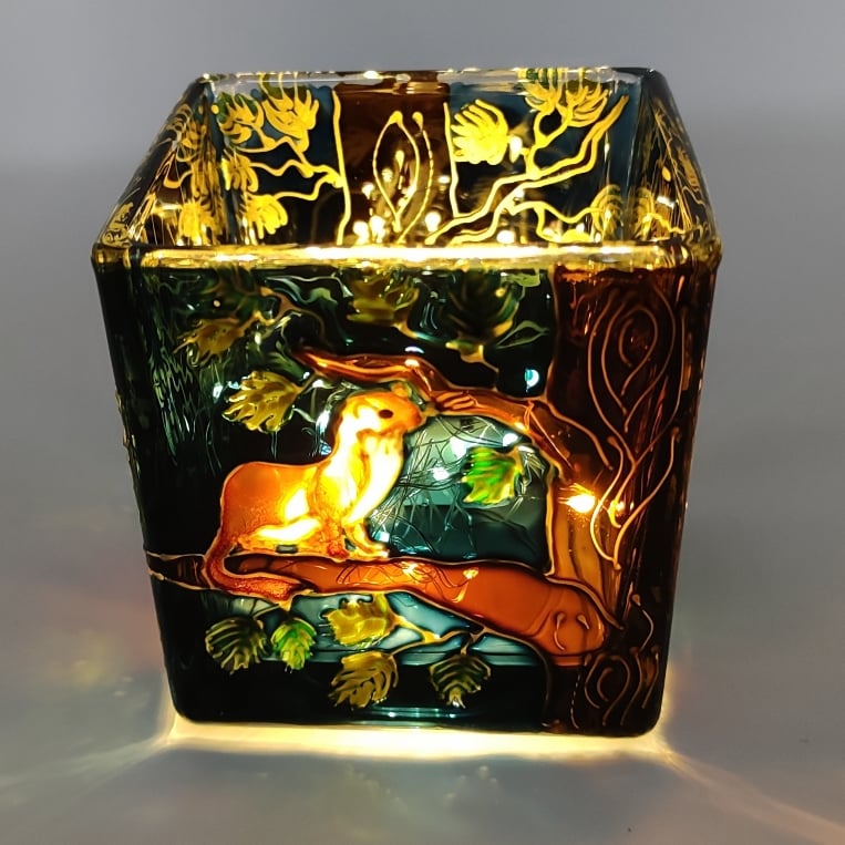 Candle holder, hand painted glass, weasel chasing squirrel