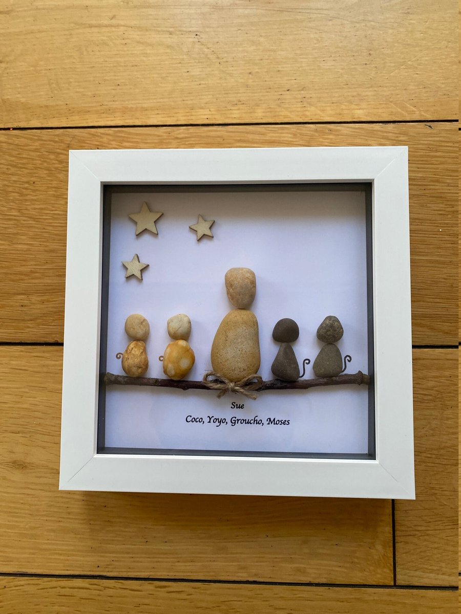 Cat Lover Pebble Artwork Frame, Lady and her Cats Gift, Personalised Cats Frame,