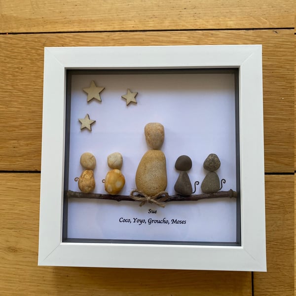 Cat Lover Pebble Artwork Frame, Lady and her Cats Gift, Personalised Cats Frame,