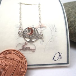 Silver tree of life with copper moon necklace Tree and Moon pendant 15" necklace