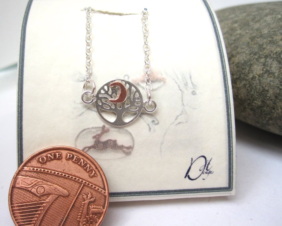 Silver tree of life with copper moon necklace Tree and Moon pendant 15" necklace