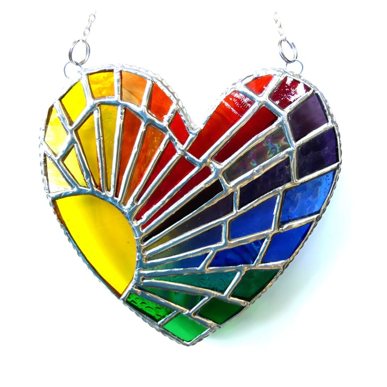Sun Heart Suncatcher Stained Glass Rainbow Rays Handmade 008