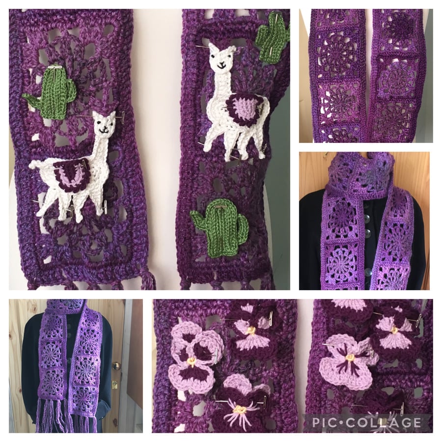 Unique scarf customisable cosy crochet with alpaca llama pansy gift