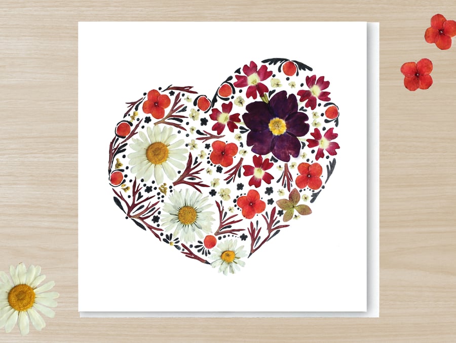 Blooming Heart, Pressed Flower Print card, 