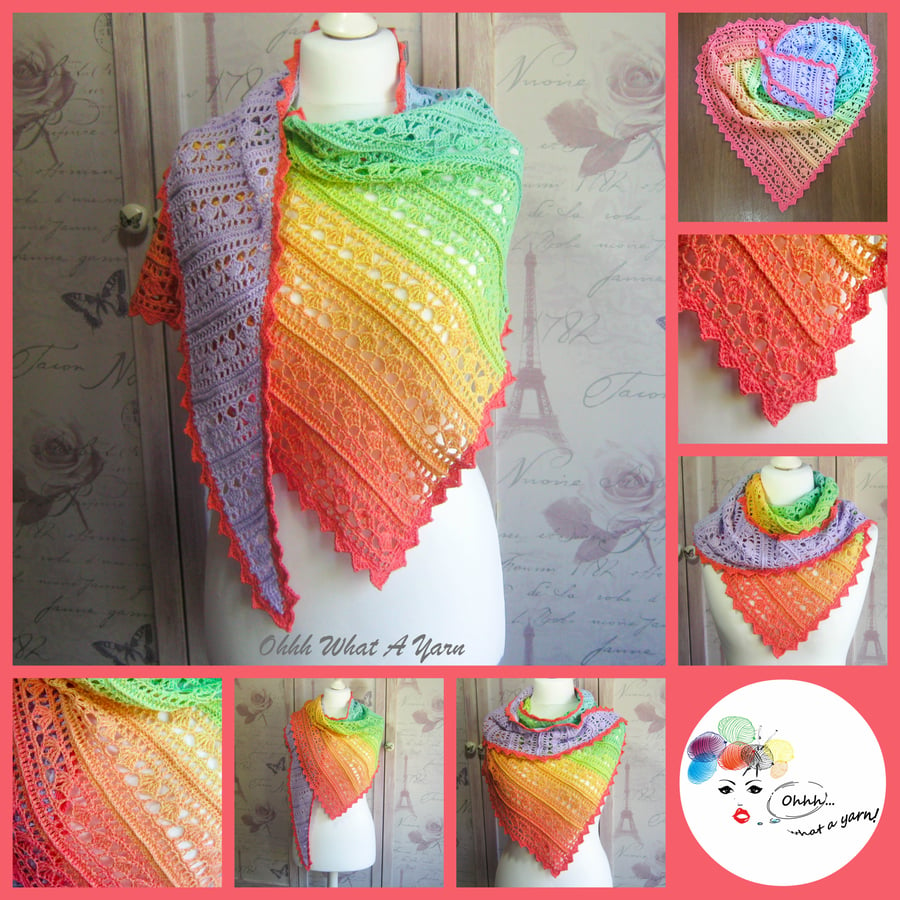 Crochet rainbow cotton shawl. Crochet scarf. Crochet shawlette. Rainbow wrap.