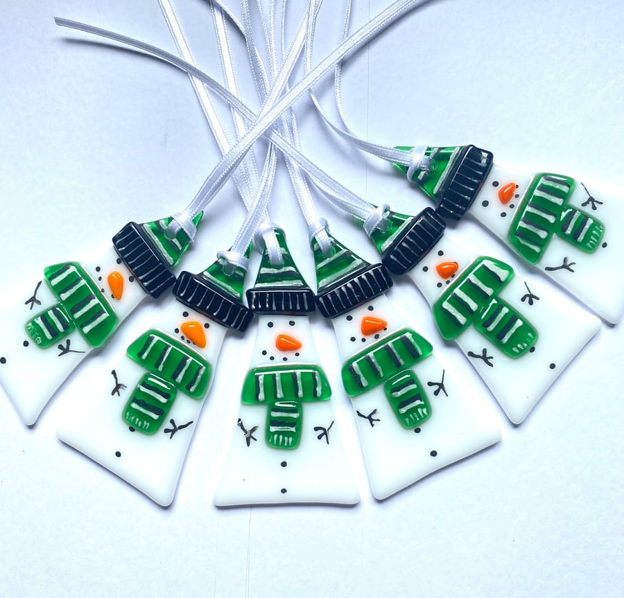 Plymouth argyle  snowmen - fused glass Christmas decorations