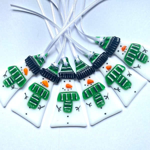 Plymouth argyle  snowmen - fused glass Christmas decorations