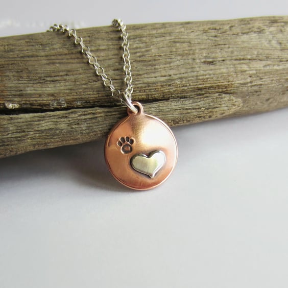 Paw Print and Heart Necklace - Copper and Sterling Silver - Hand Stamped