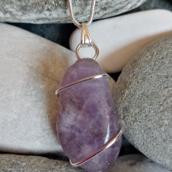 Wire-wrapped natural amethyst tumble stone