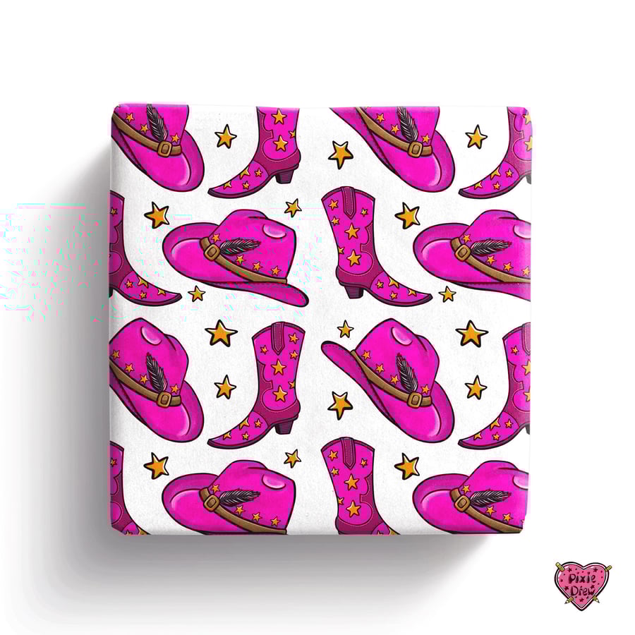 Pink Cowgirl wrapping paper with cowboy hat and cowboy boots