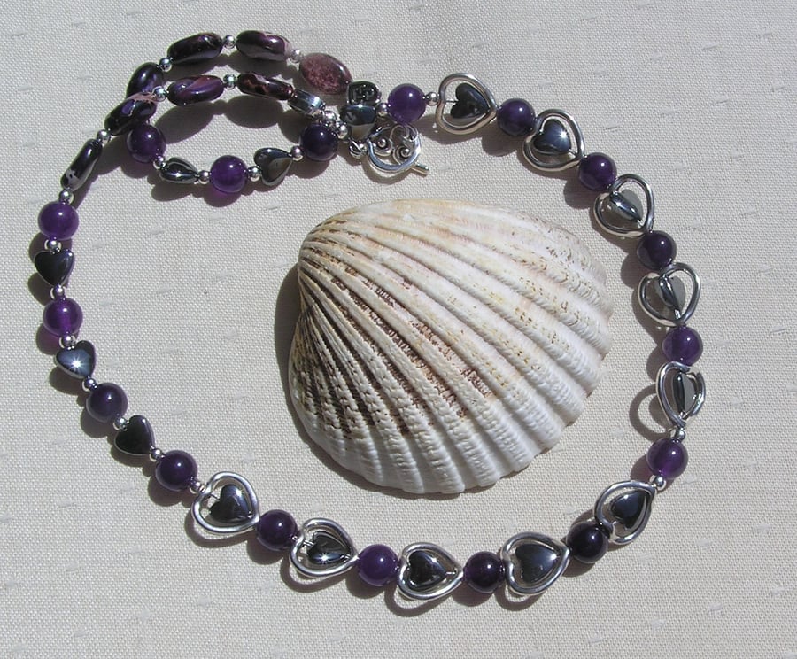 Purple Amethyst, Jasper & Black Hematite Gemstone Silver Heart Necklace