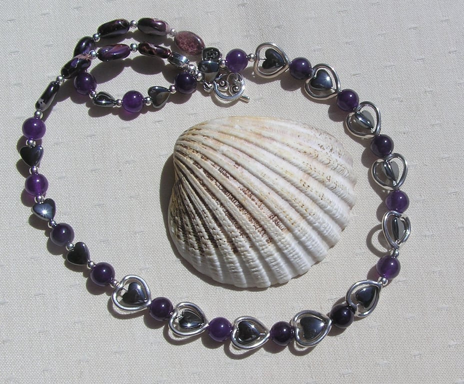 Purple Amethyst, Jasper & Black Hematite Gemstone Silver Heart Necklace