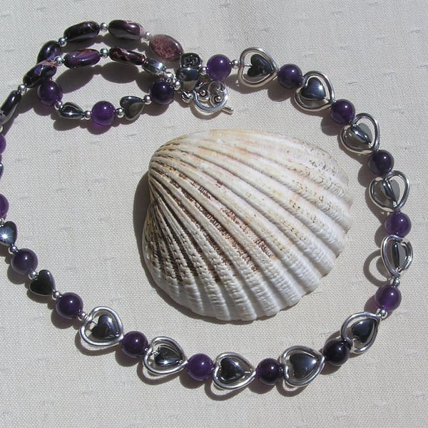 Purple Amethyst, Jasper & Black Hematite Gemstone Silver Heart Necklace