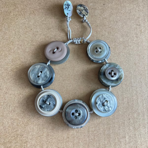 Grey Tones Colour Theme - Vintage Button Adjustable Handmade Bracelet 