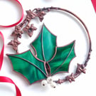 Stained Glass Holly & Ivy Mini Wreath - handmade in Hampshire
