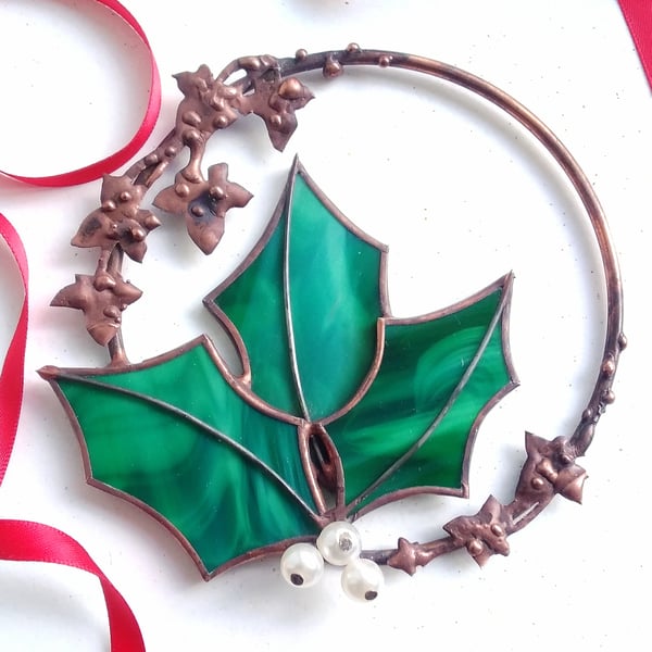 Stained Glass Holly & Ivy Mini Wreath - handmade in Hampshire