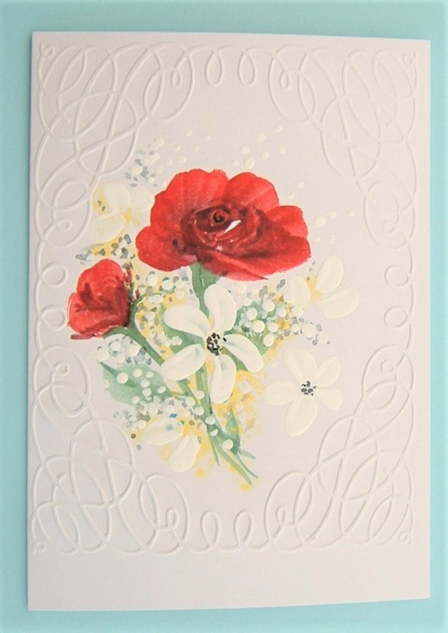 Hand painted floral greetings rose card ( ref F 622)