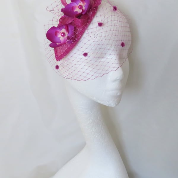 Deep Pink Magenta Veiled Small Retro Orchid Flower Wedding Fascinator Hat 