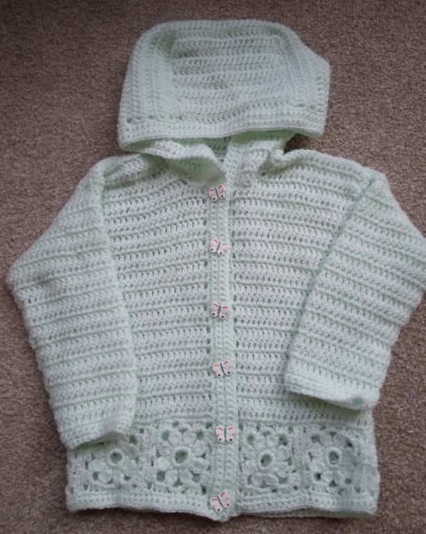 Crochet Hoody Age 6 month to 1 yesr, Supersoft baby acrylic, Green Handmade