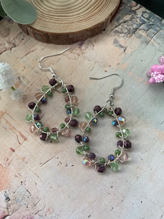 Delicate pink and green wire wrapped dangle tear drop earrings, boho accessories