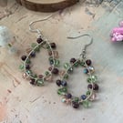 Delicate pink and green wire wrapped dangle tear drop earrings, boho accessories